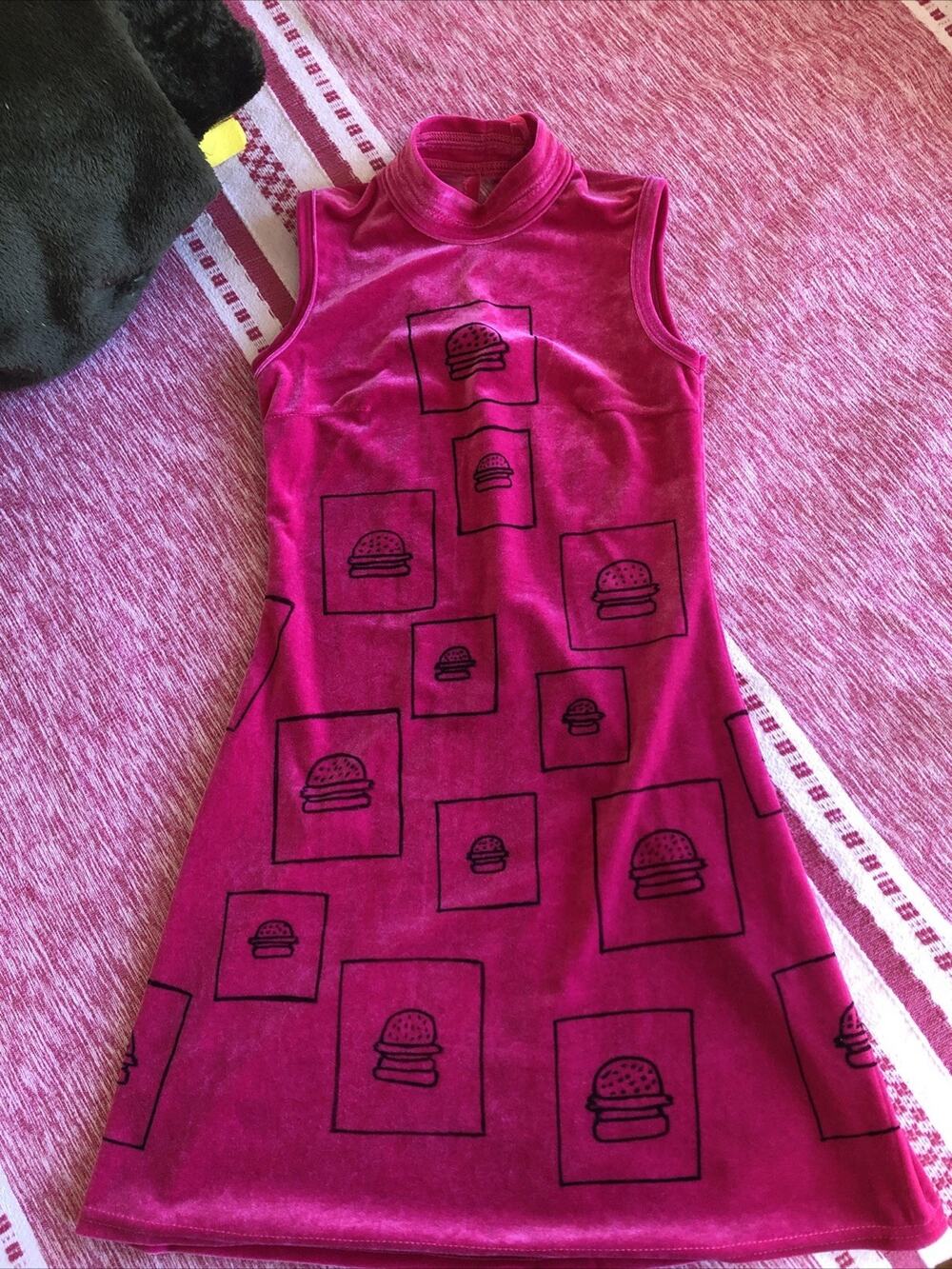 OOAK Handpainted Hamburger Comix Pink Velvet Art Bodycon XXS Cartoon Dress